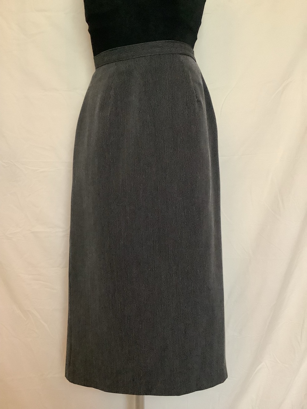 Newport News Styleworks Straight Midi Skirt-Black with White Pinstripes-8 Petite